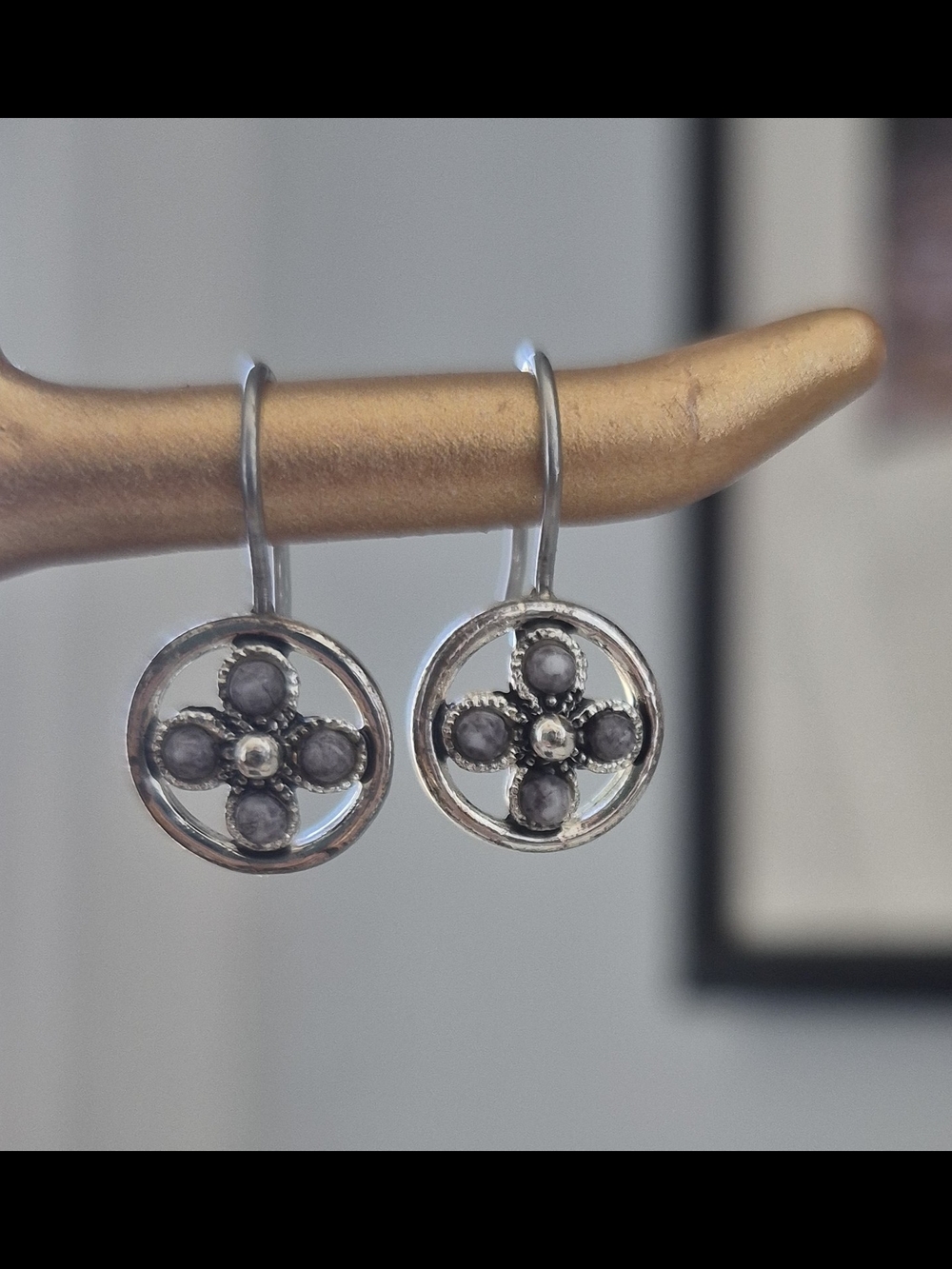 Silver Circle Drop Earrings with Gray Stone Cross